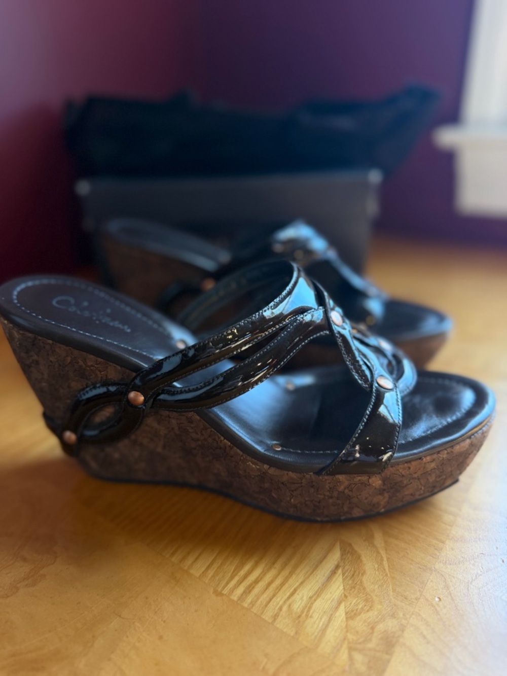Cole haan Salma wedge dark chocolate Patent  sandal with copper studs vintage